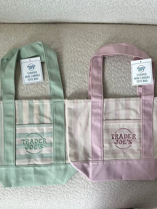 Trader Joe'S Handbags - Trader Joe's Set of 2 Striped Mini Canvas Tote Bags Pink & Mint NWT